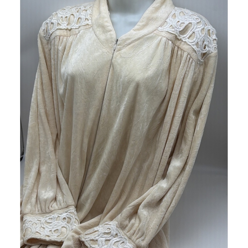 VTG Diamond Tea Womens Long Velvet Robe L PEACH Cream House Coat Dress Full Zip